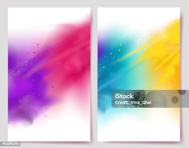 Realistic Colorful Paint Powder Explosions On White Background - Arte vetorial de stock e mais imagens de Plano de Fundo