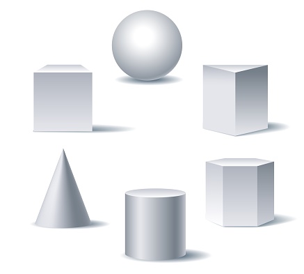 Geometric 3d figures. White basic shapes of geometry on white background with shadows vector illustration