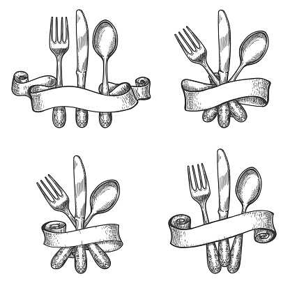 Cutlery sketch. Vintage dinner table silverware set with knife and fork utensils in retro ribbons vector drawing