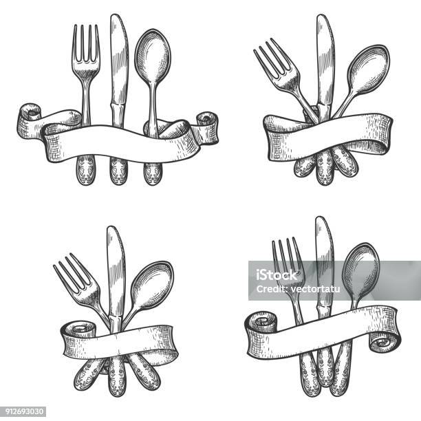 Vintage Dinner Table Silverware Set Stock Illustration - Download Image Now - Fork, Food, Illustration
