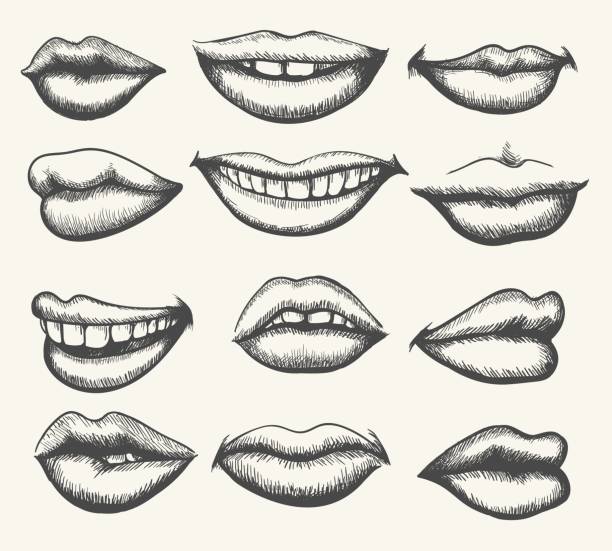 Lips engraving. Retro human face lips, vintage smiling and kissing mouth set vector illustration