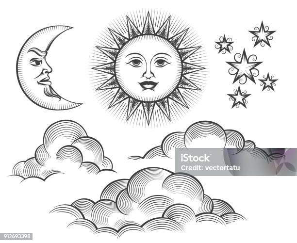 Retro Lune Gravé Visages Céleste Soleil Vecteurs libres de droits et plus d'images vectorielles de Soleil - Soleil, Nuage, D'autrefois