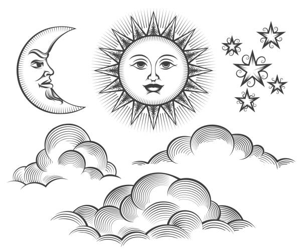 Retro engraved moon, sun celestial faces Sun, moon and clouds engraving. Retro scratching or engraved moon and sun celestial faces vector illustration in vintage style anthropomorphic face illustrations stock illustrations