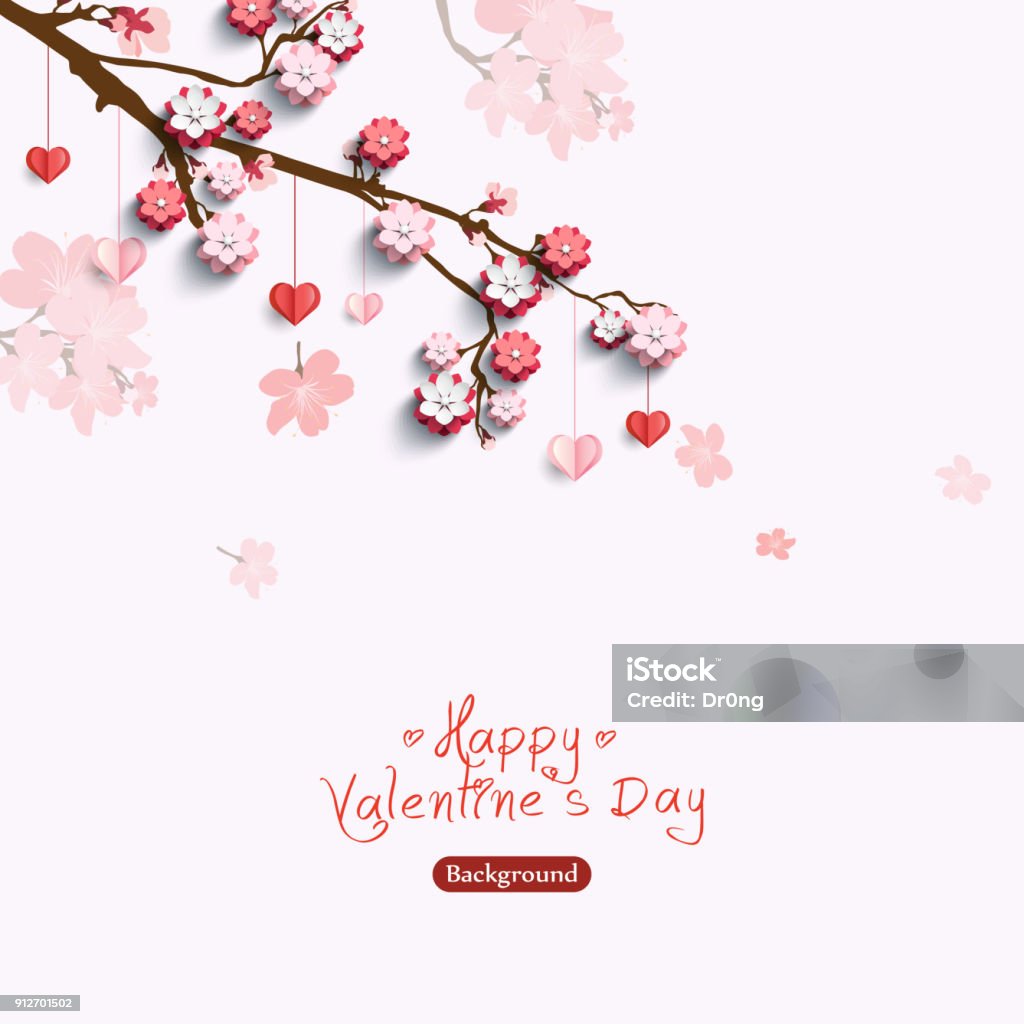 Valentines card with decorative paper hearts and pink flowers on sakura branch. Vector illustration love creative concept Flower stock vector