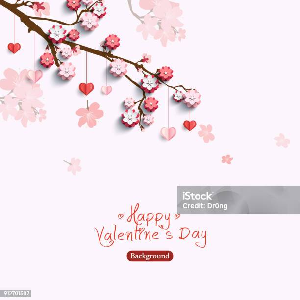 Valentines Card With Decorative Paper Hearts And Pink Flowers On Sakura Branch Vector Illustration Love Creative Concept Stock Illustration - Download Image Now