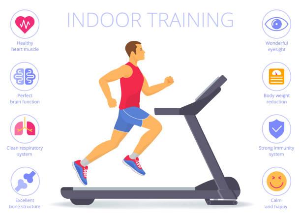 Caucasian man is running on the treadmill. Flat vector illustration. Strong caucasian man is running on the treadmill. Flat vector illustration of athletic adult boy in the sportswear doing exercises on the treadmill. Indoor fitness concept isolated on white. treadmill stock illustrations