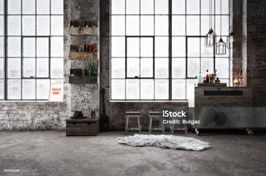 Warm Industrial & Cozy Domestic Room Digitally generated cozy industrial-style domestic room interior scene with high quality euro pallet furniture. Loft Apartment Stock Photo