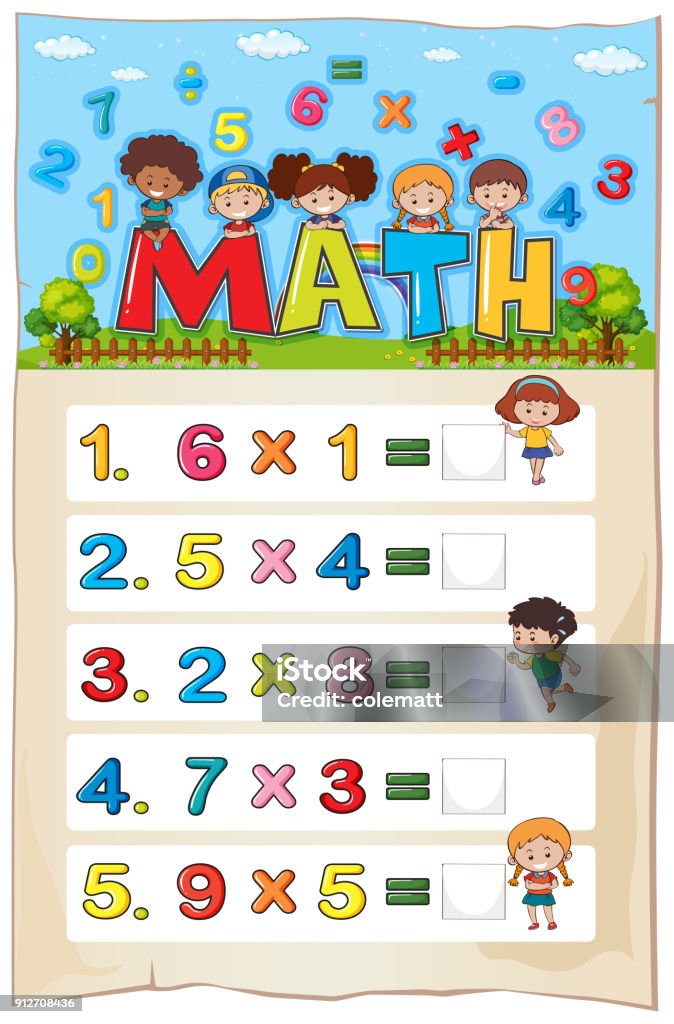 Istock Math Problems Math Worksheet Template With Kids And Multiplication Problems Stock ...