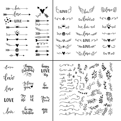 Love set. Vector hand lettering overlays, phrases for greeting cards, posters. Handdrawn arrows, branches, hearts, crown, wings, leaves decoration for Happy Valentines Day