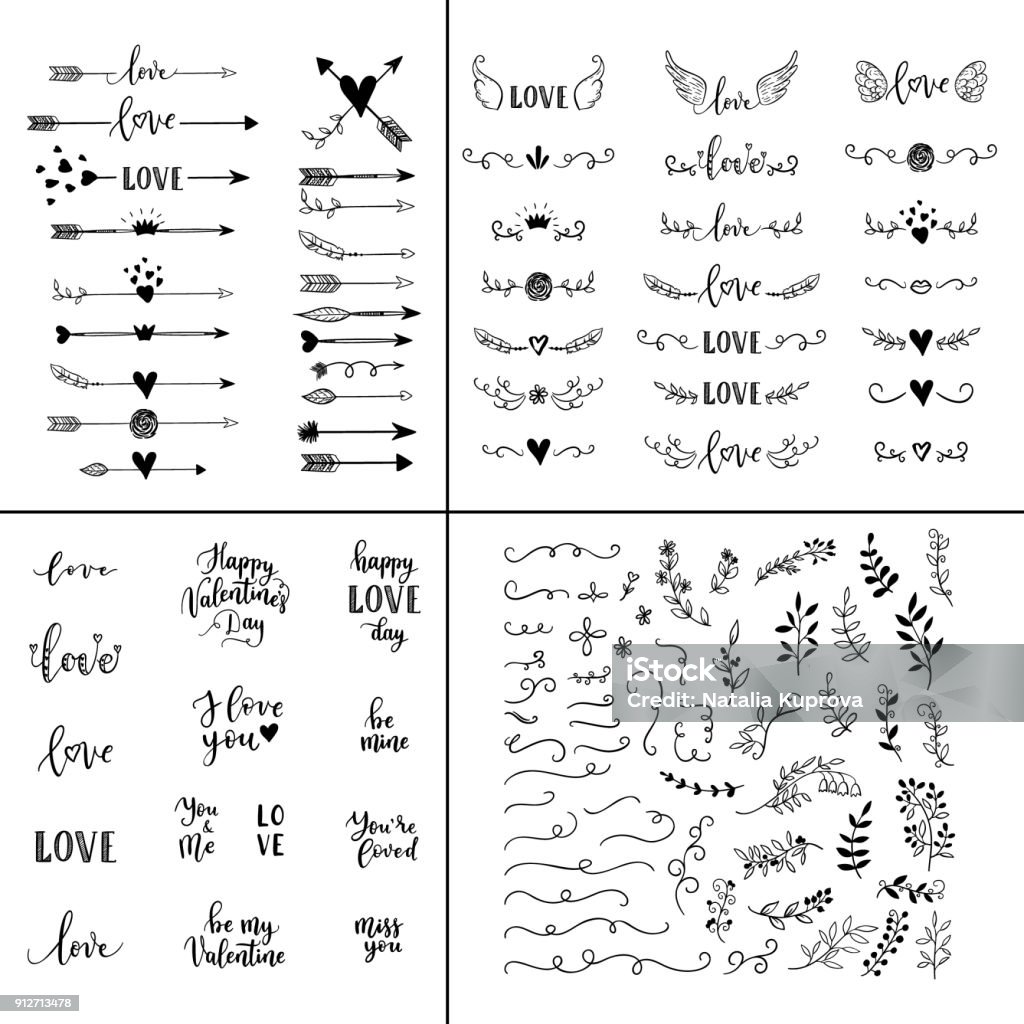 Love set. Vector hand lettering overlays, phrases for greeting cards, posters. Handdrawn arrows, branches, hearts, crown, wings, leaves decoration for Happy Valentines Day Arrow Symbol stock vector