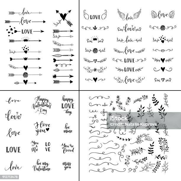 Love Set Vector Hand Lettering Overlays Phrases For Greeting Cards Posters Handdrawn Arrows Branches Hearts Crown Wings Leaves Decoration For Happy Valentines Day Stock Illustration - Download Image Now
