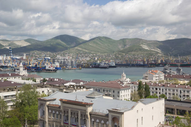 Novorossiysk, Russia- May 9, 2015: Top view of the city of Novorossiysk and  commercial sea port. City located on the Black Sea coast.