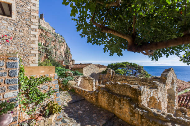 streets of Byzantine town of Monemvasia, Greece views of Byzantine town of Monemvasia, Greece monemvasia stock pictures, royalty-free photos & images