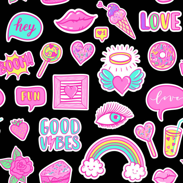 ilustraciones, imágenes clip art, dibujos animados e iconos de stock de diversión de moda vector parches de patrones sin fisuras: arco iris, nube, donut, labio, buen rollo, fresa, torta, caramelo, corazón. pegatinas de arte pop rosa para la boda, día de los enamorados, amor imprime fondo - over 90