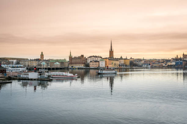 Panoramic view of Stockholm Sweden by the water. stock photo