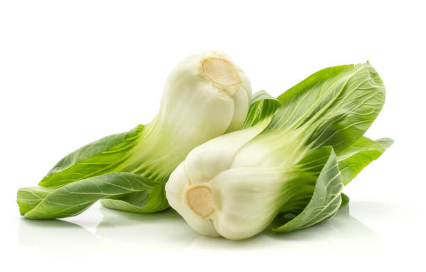 fresh bok choy isolated on white - brassica rapa chinensis imagens e fotografias de stock