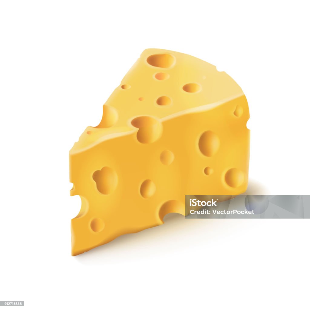 Cheese piece with holes vector 3D realistic dairy food icon Cheese piece with holes vector 3D isolated illustration on white background. Emmental or Cheddar hard cheese slice, triangular piece with holes isolated icon with shadow for dairy food design Cheese stock vector