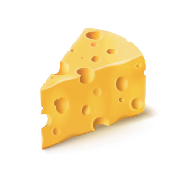 Cheese piece with holes vector 3D realistic dairy food icon Cheese piece with holes vector 3D isolated illustration on white background. Emmental or Cheddar hard cheese slice, triangular piece with holes isolated icon with shadow for dairy food design cheese stock illustrations