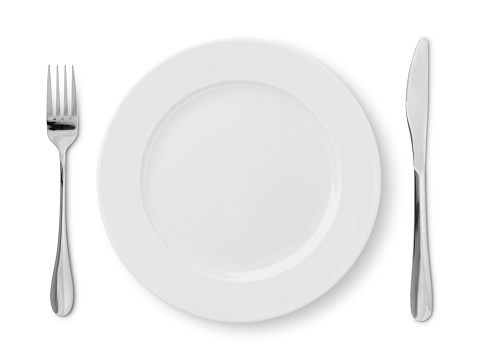 Simple table place setting - plate, fork and knife isolated on white (excluding the shadow)