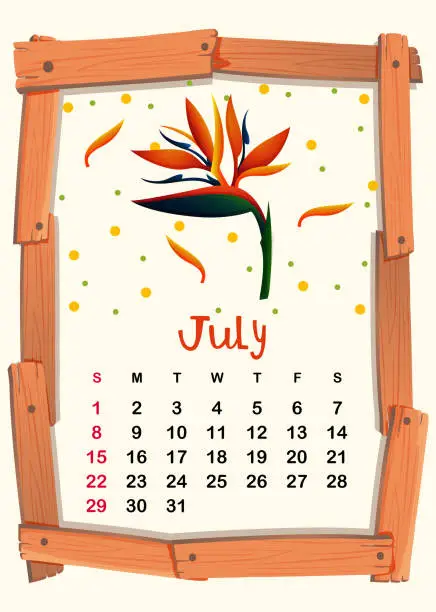 Vector illustration of Calendar template with birdofparadise for July
