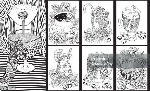 A Set Of Glasses And Mugs With Drinks Adult Coloring Book Page Christmas Decoration Black And White Pattern Doodle Style Stock Illustration - Download Image Now