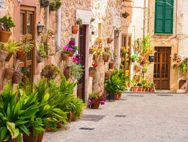 Idyllic street in Valldemossa village on Majorca, Spain Balearic islands
