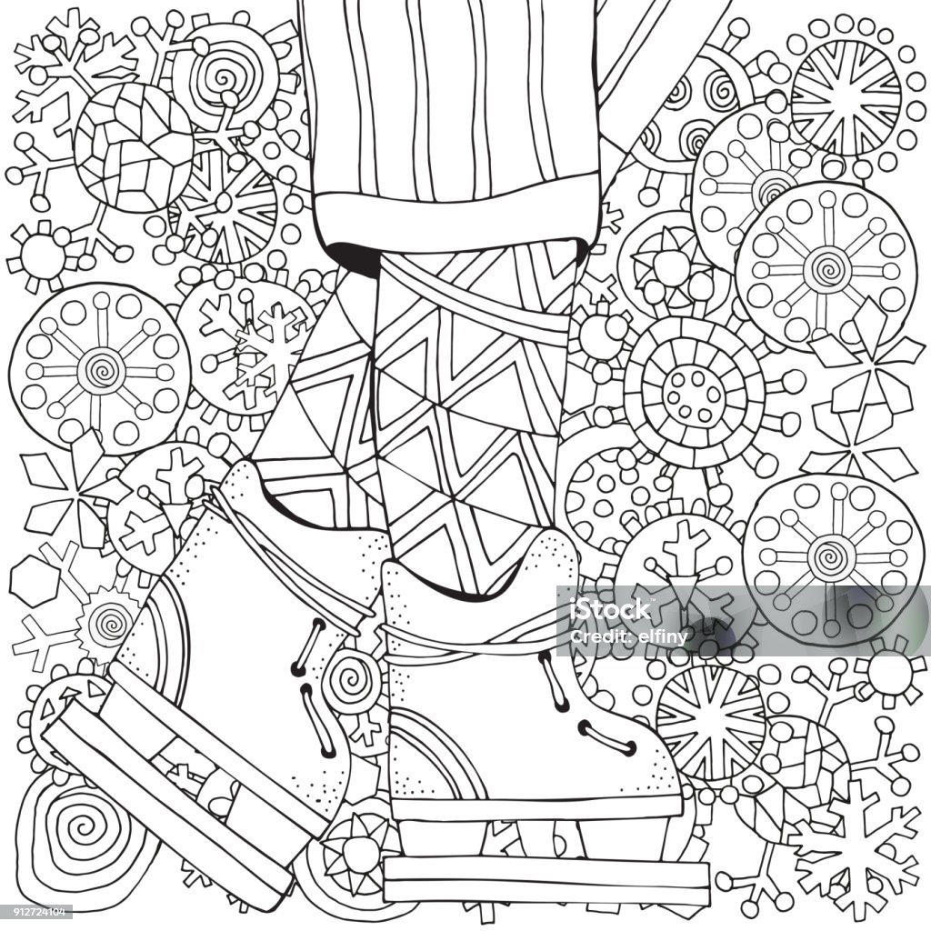 Winter boy on skates. Winter snowflakes. Adult Coloring book page. Vertical pattern for coloring book with legs. Scandinavian. Black and white. Winter boy on skates. Winter snowflakes. Adult Coloring book page. Hand-drawn vector illustration. Vertical pattern for coloring book with legs. Scandinavian style. Black and white. Baby - Human Age stock vector