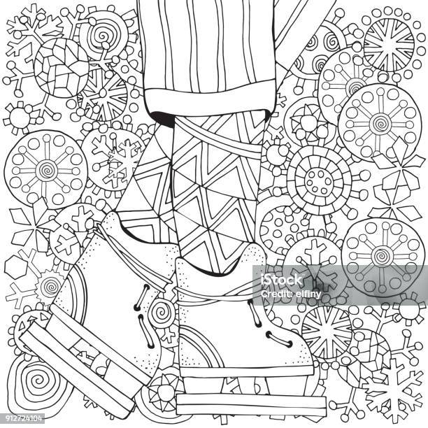 Winter Boy On Skates Winter Snowflakes Adult Coloring Book Page Vertical Pattern For Coloring Book With Legs Scandinavian Black And White Stock Illustration - Download Image Now