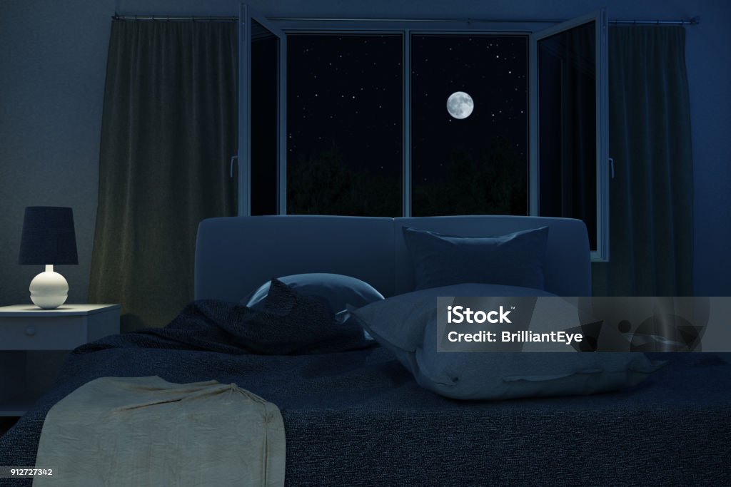 rendu 3D de la chambre à coucher avec lit défait et froissé dans la nuit de pleine lune - Photo de Nuit libre de droits