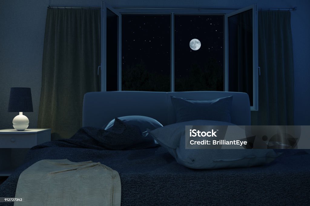 満月の夜に整えられていない、しわくちゃのベッド付きのベッドルームの 3 d レンダリング - 夜のロイヤリティフリーストックフォト