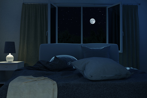 3d rendering of bedroom with unmade and rumpled bed in the full moon night
