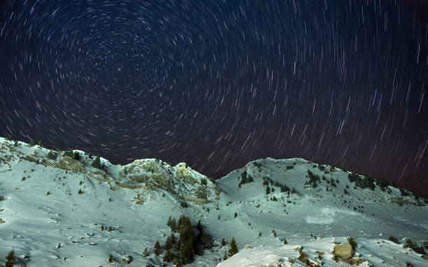 Long exposure over snowy mountains at night