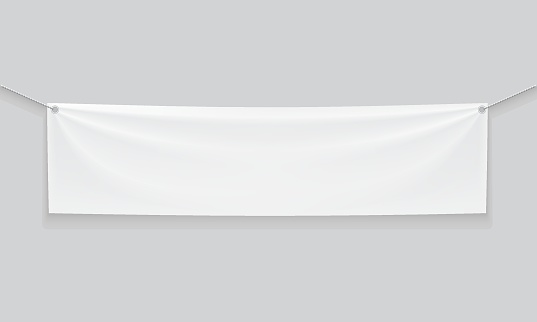 Empty mockup white textile banner with folds on ropes. . Isolated vector illustration on a light background.