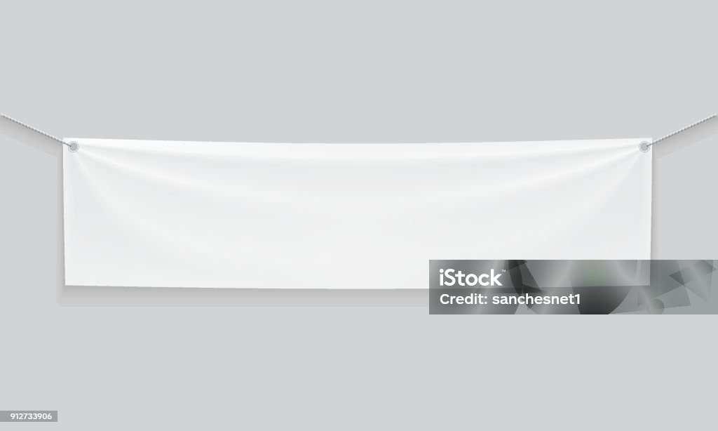 Banner Empty mockup white textile banner with folds on ropes. . Isolated vector illustration on a light background. Banner - Sign stock vector