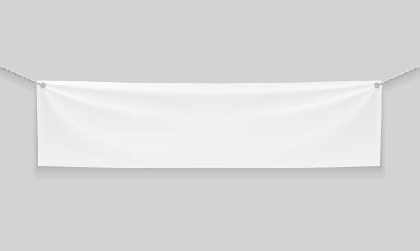 Banner Empty mockup white textile banner with folds on ropes. . Isolated vector illustration on a light background. hanging stock illustrations