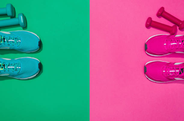 istock Fitness accessories on seamless background mock up, top view 912734802