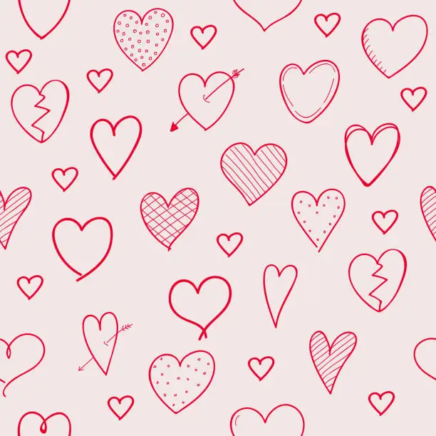 Vector illustration of Cute sketch with hearts - seamless pattern. Valentine's Day, Woman's Day and Mother's Day. Vector.