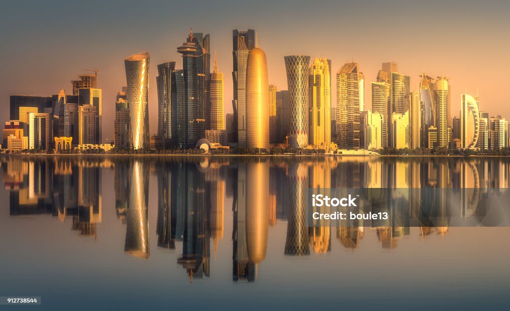 The skyline of West Bay and Doha downtown, Qatar The skyline of West Bay and Doha City Center during sunret, Qatar Qatar Stock Photo