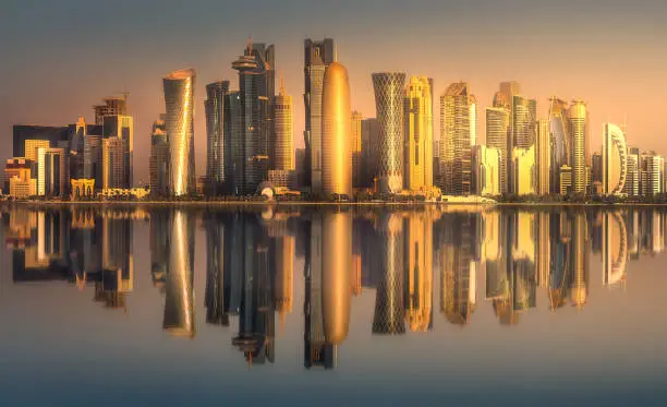 The skyline of West Bay and Doha City Center during sunret, Qatar