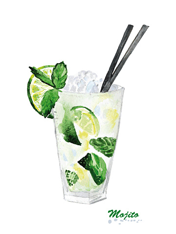 Watercolor lime ice mint cocktail Mojito. Hand painted realistic illustration on paper. Vintage design food isolated on white background.