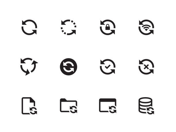 Synchronization icons on white background. Vector illustration Synchronization and Refresh vector icons on white background. Vector illustration. data icons solid stock illustrations