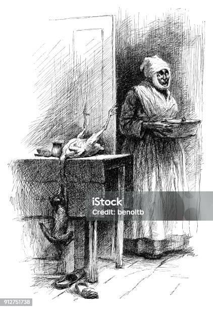 Cat Reaching For Chicken In The Kitchen Stock Illustration - Download Image Now - 19th Century, 19th Century Style, Adult