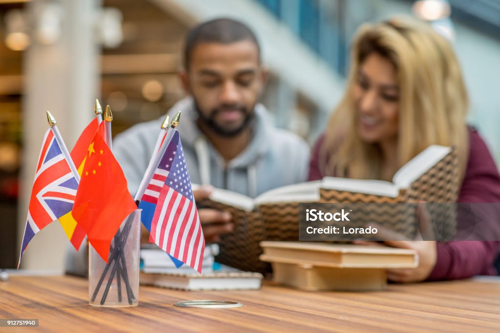 Multi ethnic university adult student couple learning languages together in a study hall Language Stock Photo