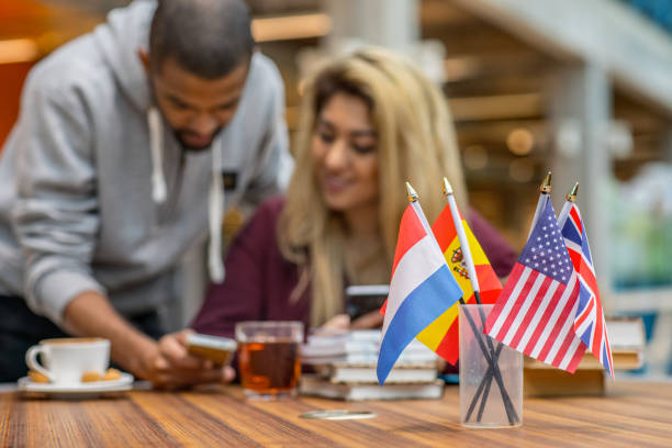 istock Multi ethnic university adult student couple learning languages together in a study hall 912752026