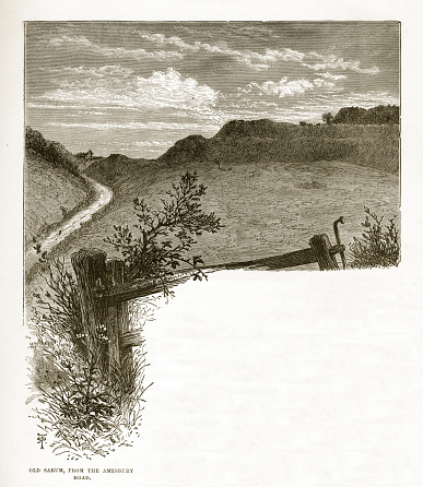 Very Rare, Beautifully Illustrated Antique Engraving of The Salisbury Plain and Old Sarum from the Amesbury Road from Our Own Country, Great Britain, Descriptive, Historical, Pictorial. Published in 1880. Copyright has expired on this artwork. Digitally restored.