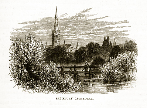 Very Rare, Beautifully Illustrated Antique Engraving of Salisbury Cathedral, Salisbury, England Victorian Engraving from Our Own Country, Great Britain, Descriptive, Historical, Pictorial. Published in 1880. Copyright has expired on this artwork. Digitally restored.