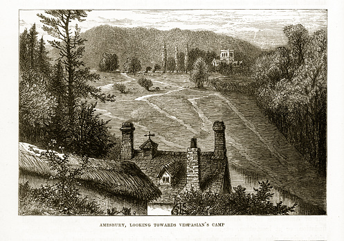 Very Rare, Beautifully Illustrated Antique Engraving of The Vespasian’s Camp Monastery in Amesbury, England Engraving from Our Own Country, Great Britain, Descriptive, Historical, Pictorial. Published in 1880. Copyright has expired on this artwork. Digitally restored.