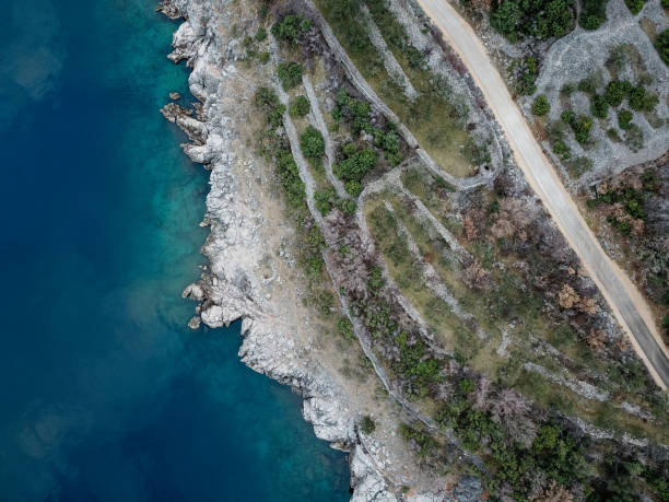 istock Single lane road by the sea from above 912755248