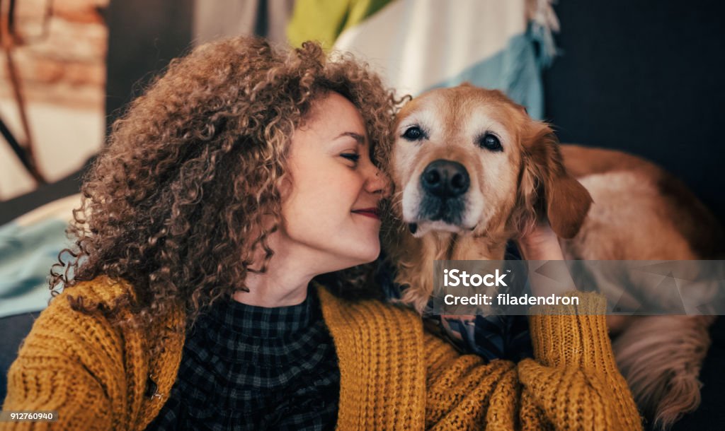 Woman cuddling with her dog Woman playing with her dog at home. Dog Stock Photo