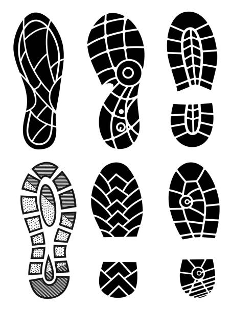 ilustrações, clipart, desenhos animados e ícones de ícones de pegada isolados no fundo branco. arte vetorial. coleção de uma marca de sola de sapatos. sapatas do esporte pegada grandes conjunto de ilustração de vetores - sole of foot